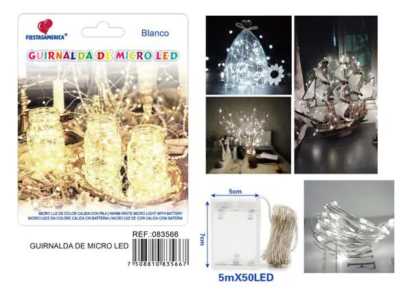 Serie de 50 luces LED, 5 metros, con caja de 3 pilas, luz blanca