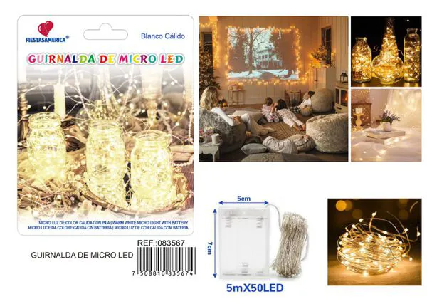 Serie de 50 luces LED, 5 metros, con caja de 3 pilas, luz cálida