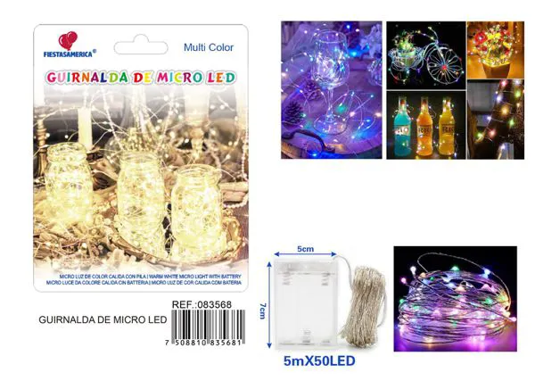 Serie de 50 luces LED, 5 metros, con caja de 3 pilas, cuatro colores