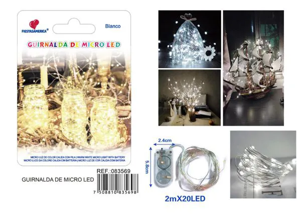 Serie de 20 luces LED, 2 metros, con caja de pilas 2032, luz blanca