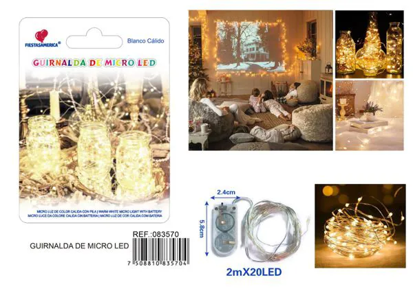 Serie de 20 luces LED, 2 metros, con caja de pilas 2032, luz cálida