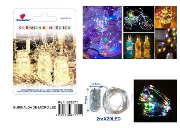 Serie de 20 luces LED, 2 metros, con caja de pilas 2032, cuatro colores
