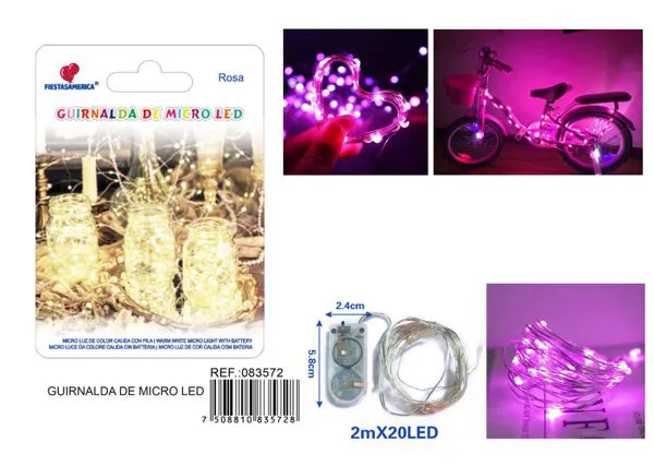 Serie de 20 luces LED, 2 metros, con caja de pilas 2032, color rosa