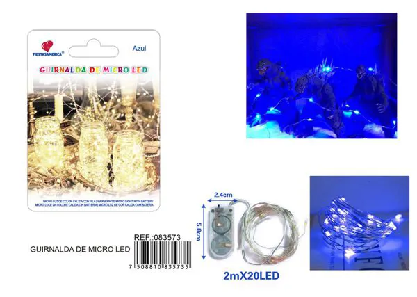 Serie de 20 luces LED, 2 metros, con caja de pilas 2032, color azul