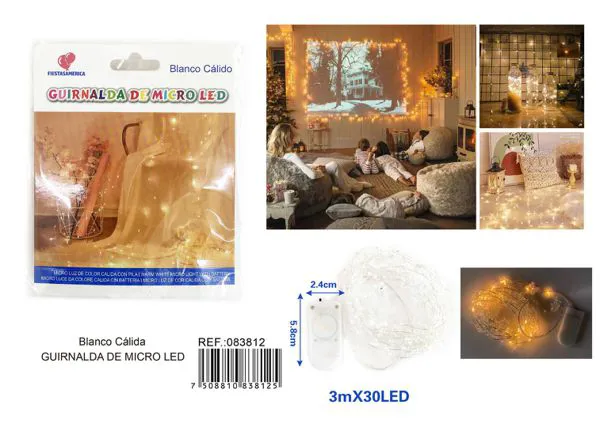 Serie de luces LED con estrellas transparentes, 30 focos, 3 metros, luz cálida