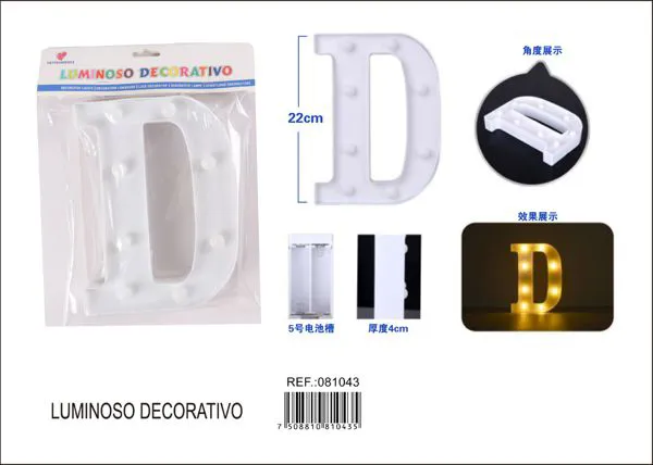 Letra luminosa LED de 22 cm de plástico, letra D