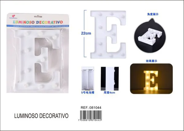 Letra luminosa LED de 22 cm de plástico, letra E