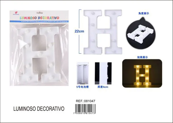 Letra luminosa LED de 22 cm de plástico, letra H