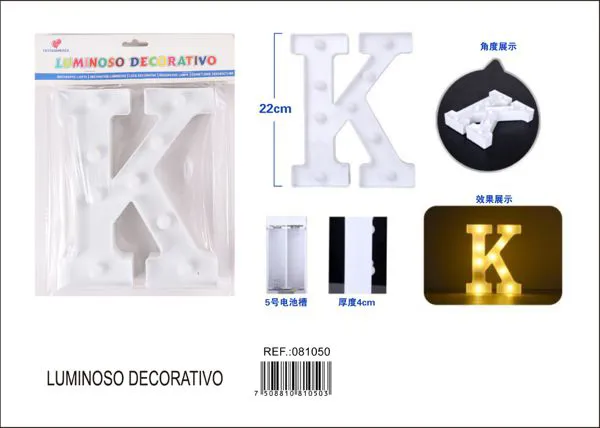 Letra luminosa LED de 22 cm de plástico, letra K