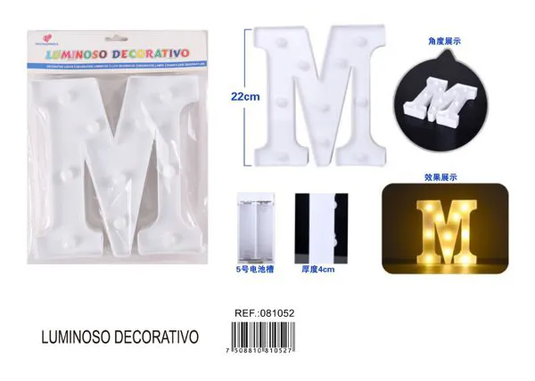 Letra luminosa LED de 22 cm de plástico, letra M