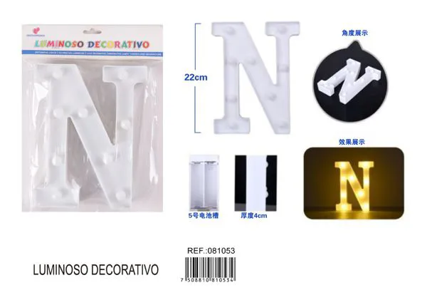 Letra luminosa LED de 22 cm de plástico, letra N