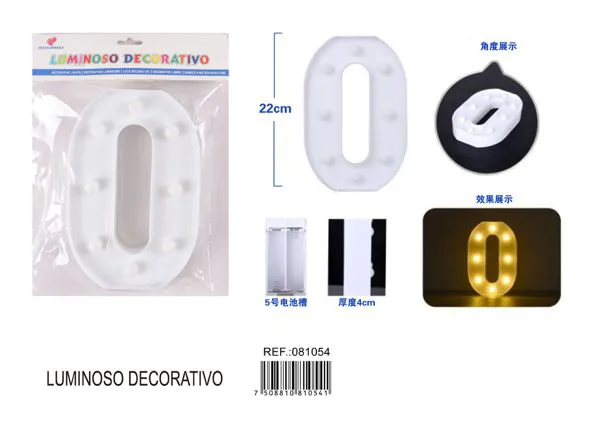 Letra luminosa LED de 22 cm de plástico, letra O