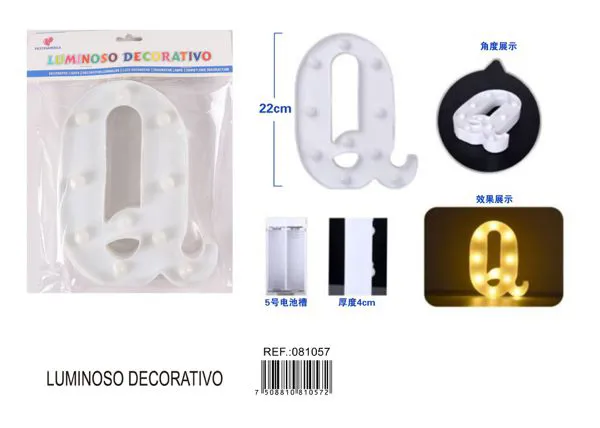 Letra luminosa LED de 22 cm de plástico, letra Q