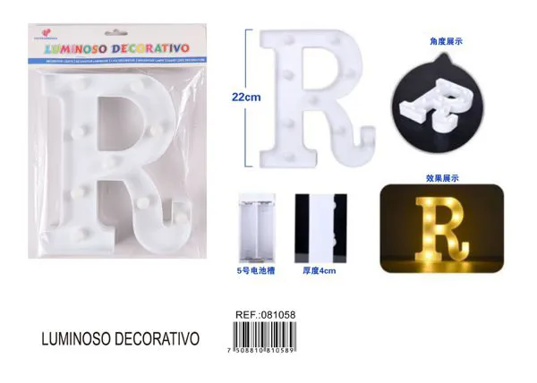 Letra luminosa LED de 22 cm de plástico, letra R