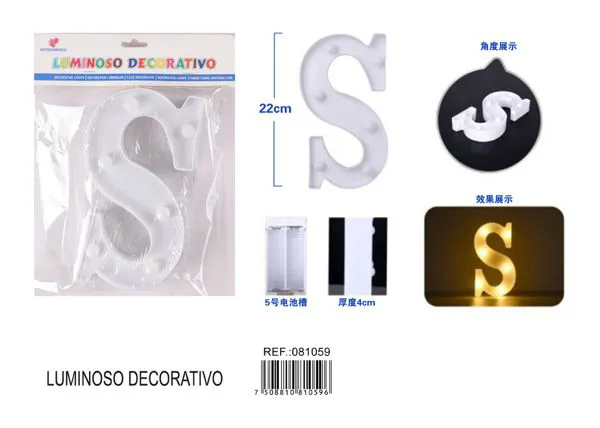 Letra luminosa LED de 22 cm de plástico, letra S