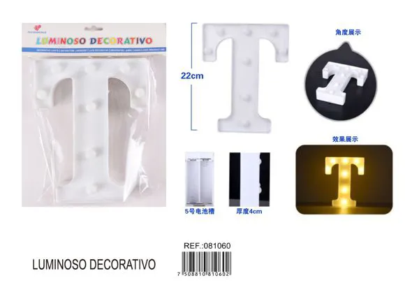Letra luminosa LED de 22 cm de plástico, letra T