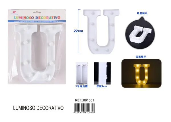 Letra luminosa LED de 22 cm de plástico, letra U