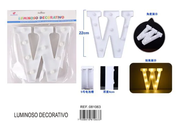 Letra luminosa LED de 22 cm de plástico, letra W