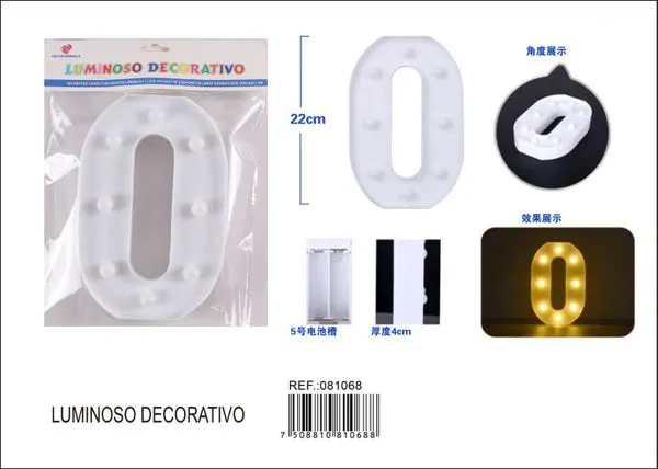 Número luminoso LED de 22 cm de plástico, número 0