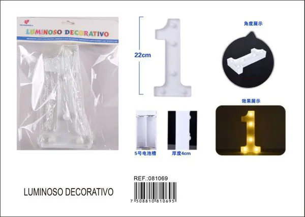 Número luminoso LED de 22 cm de plástico, número 1
