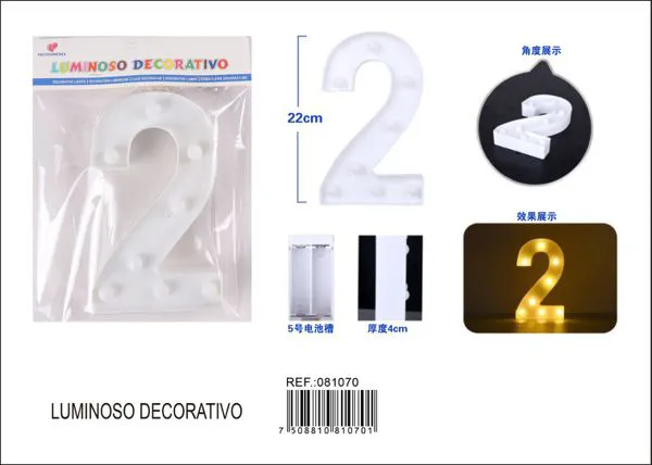 Número luminoso LED de 22 cm de plástico, número 2