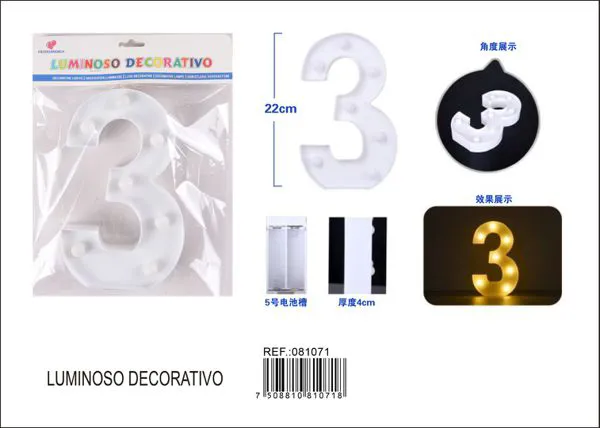 Número luminoso LED de 22 cm de plástico, número 3