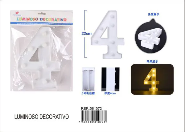 Número luminoso LED de 22 cm de plástico, número 4