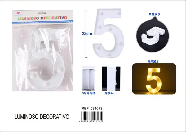 Número luminoso LED de 22 cm de plástico, número 5