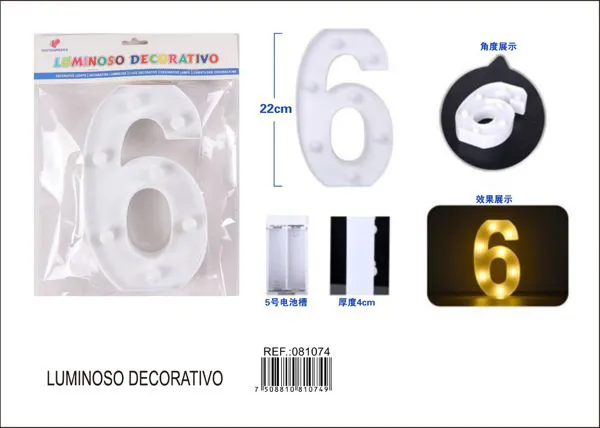 Número luminoso LED de 22 cm de plástico, número 6