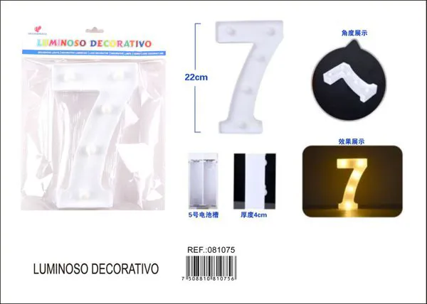 Número luminoso LED de 22 cm de plástico, número 7