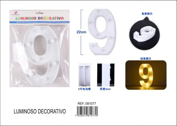 Número luminoso LED de 22 cm de plástico, número 9
