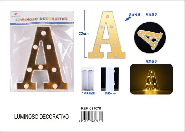 Letra luminosa LED de 22 cm de plástico, dorada, letra A