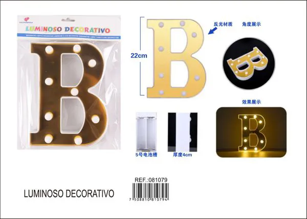 Letra luminosa LED de 22 cm de plástico, dorada, letra B