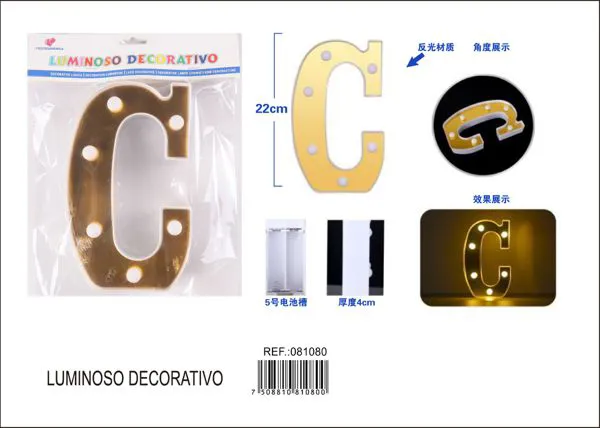Letra luminosa LED de 22 cm de plástico, dorada, letra C