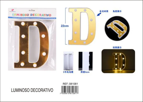 Letra luminosa LED de 22 cm de plástico, dorada, letra D