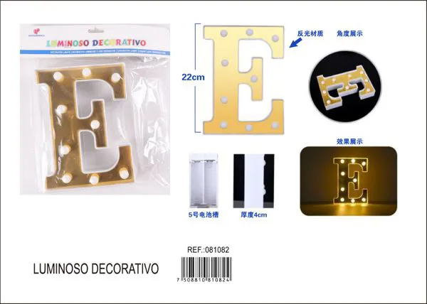 Letra luminosa LED de 22 cm de plástico, dorada, letra E