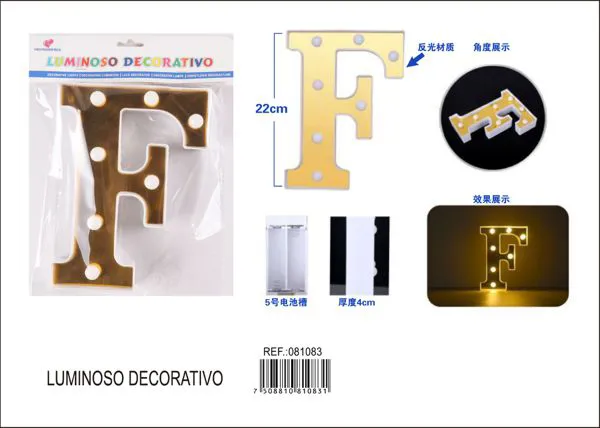 Letra luminosa LED de 22 cm de plástico, dorada, letra F
