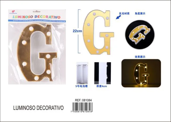 Letra luminosa LED de 21 cm de plástico, dorada, letra G