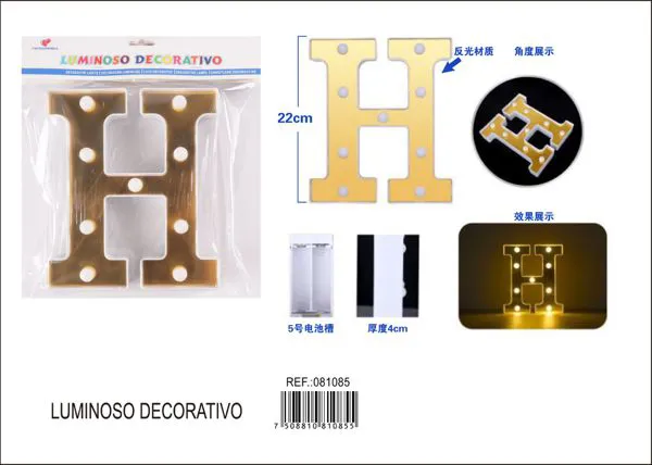 Letra luminosa LED de 22 cm de plástico, dorada, letra H