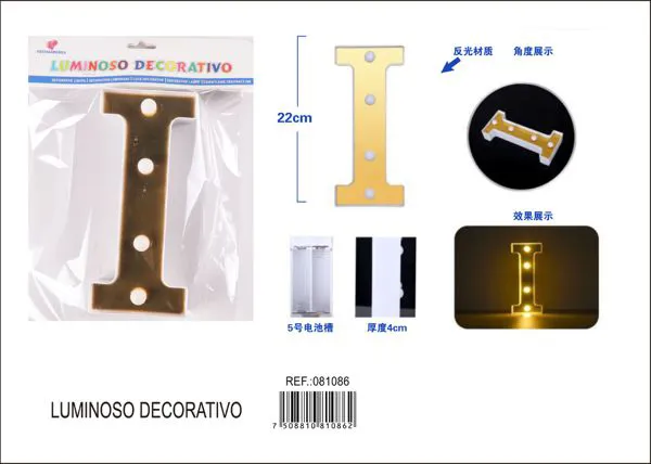 Letra luminosa LED de 22 cm de plástico, dorada, letra I
