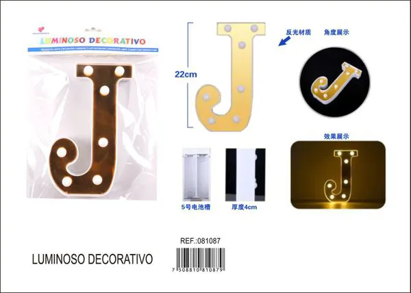 Letra luminosa LED de 22 cm de plástico, dorada, letra J