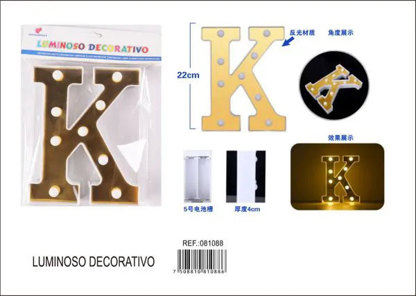 Letra luminosa LED de 22 cm de plástico, dorada, letra K