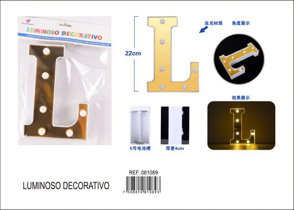 Letra luminosa LED de 22 cm de plástico, dorada, letra L