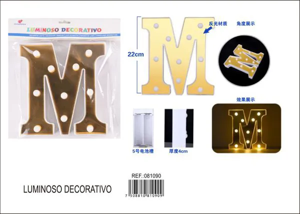 Letra luminosa LED de 22 cm de plástico, dorada, letra M