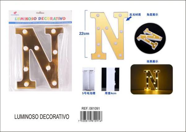 Letra luminosa LED de 22 cm de plástico, dorada, letra N