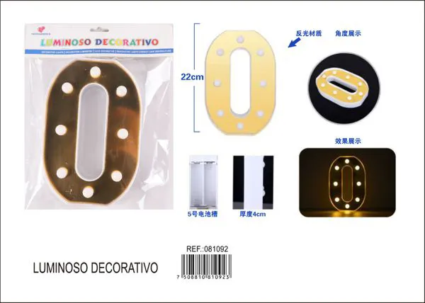 Letra luminosa LED de 22 cm de plástico, dorada, letra O