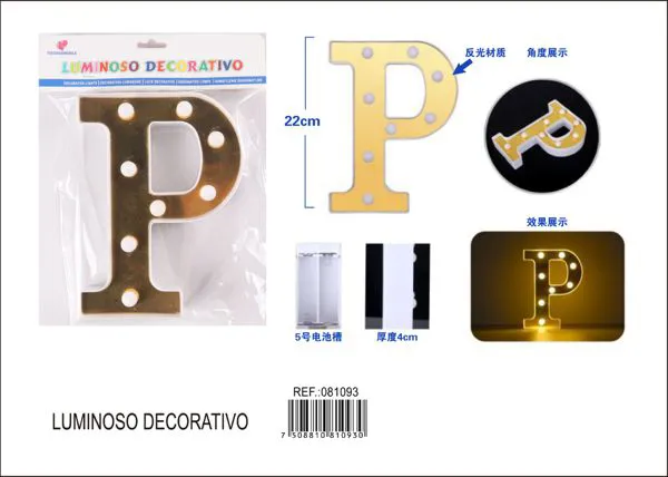 Letra luminosa LED de 22 cm de plástico, dorada, letra P