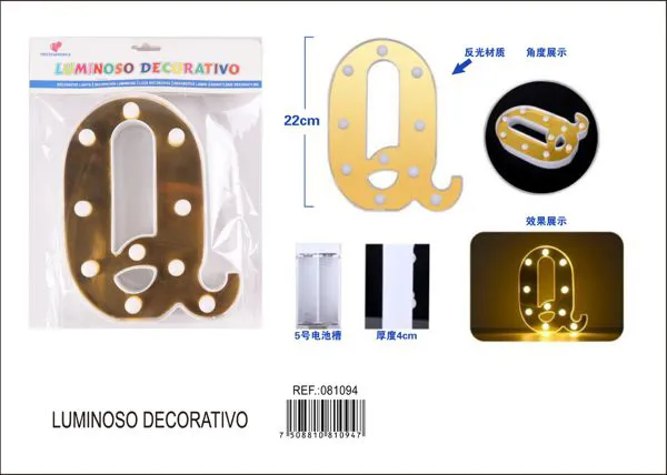 Letra luminosa LED de 22 cm de plástico, dorada, letra Q