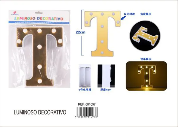 Letra luminosa LED de 22 cm de plástico, dorada, letra T