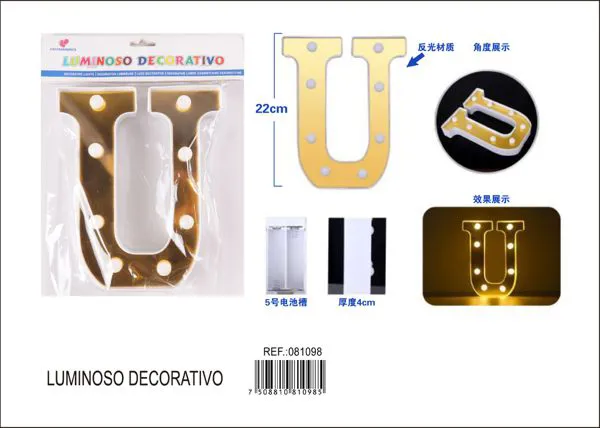 Letra luminosa LED de 22 cm de plástico, dorada, letra U